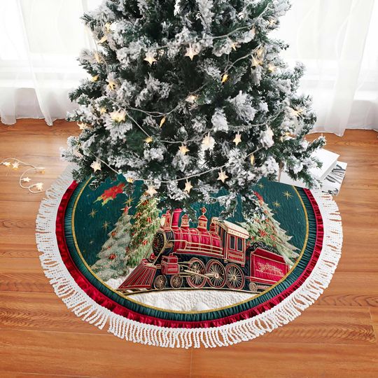 Vintage Train Christmas Tree Skirt - Christmas Decor and Housewarming Gift