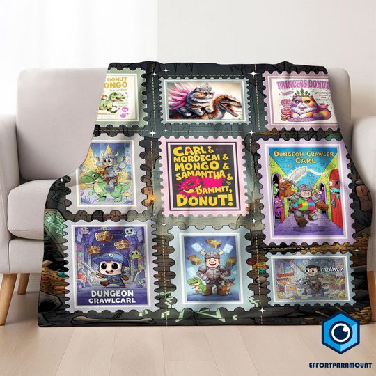 Dungeon Crawler Carl Blanket, Dungeon Crawler Princess Donut And Mongo, Book Stamps Style Blanket