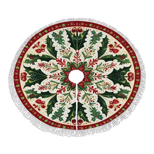 Holly Berry Christmas Tree Skirt with Tassels - Holiday Decor