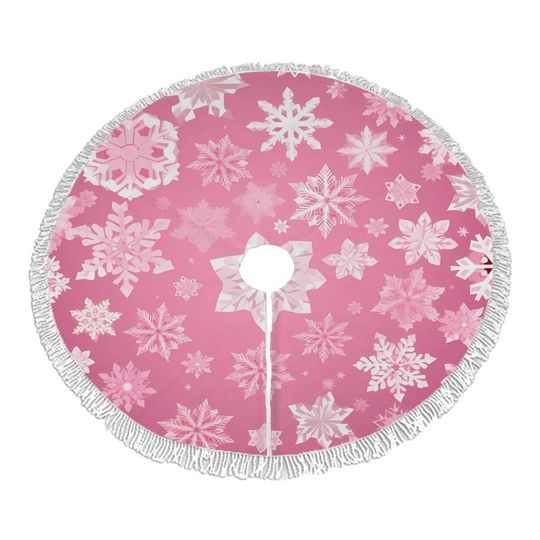 Pink Plush Christmas Tree Skirt with Snowflake Tassels