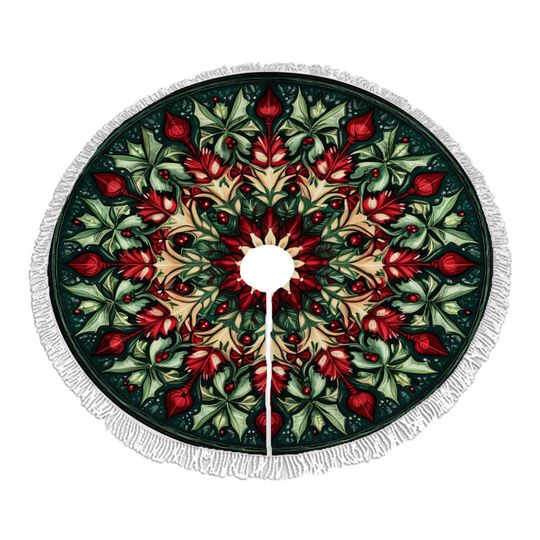 Poinsettia Christmas Tree Skirt - Elegant Holiday Tassel Decor