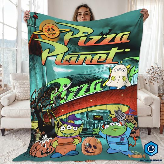 Discover Vintage Aliens Toy Story Pizza Planet Blanket, Halloween Pizza Planet Fleece Blanket, Toy Story Blanket Gift for Kid