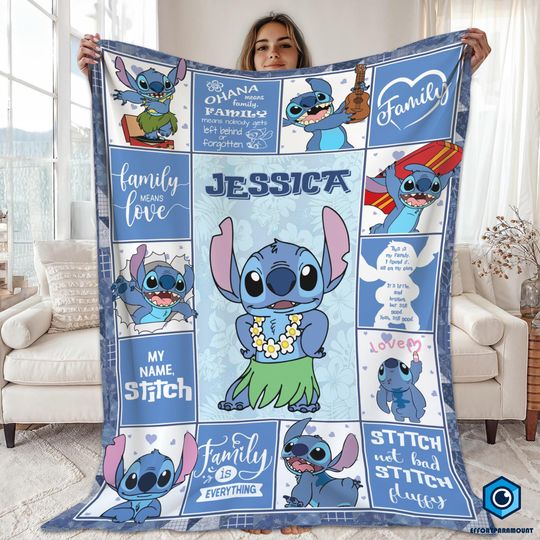 Discover Custom Name Stitch Fleece Blanket, Stitch Ohana Blanket, Cute Stitch Blanket, Disneyland Stitch Blanket, Custom Throw Blanket for Sofa