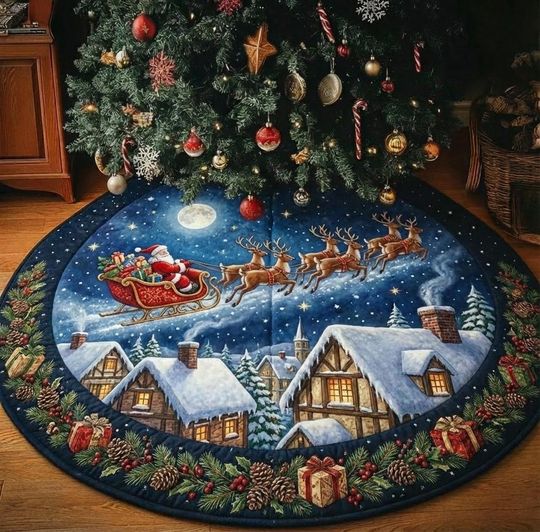 Discover Santa Sleigh Christmas Tree Skirt with Snowy Village Night Scene and Flying Reindeer