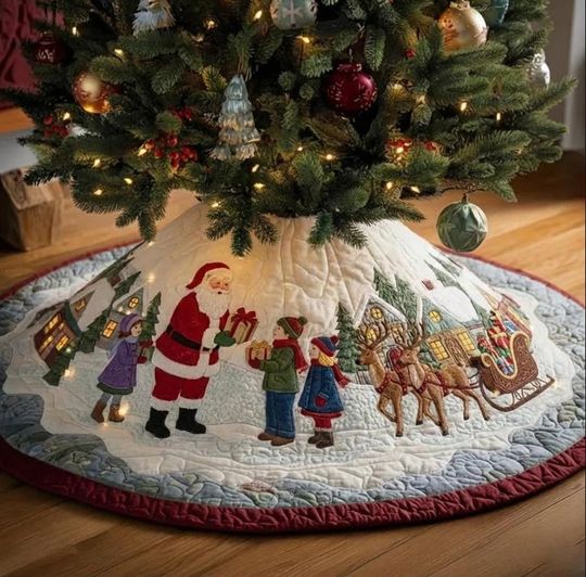 Discover Santa Christmas Tree Skirt with Winter Village Scene and Reindeer Sleigh Design