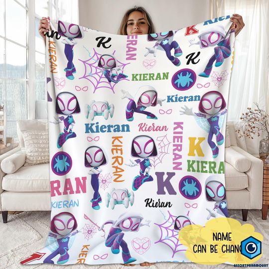 Personalized Spidey and His Amazing Friends Ghost Spider Blanket, Spiderwoman Blanket, Spiderman Cartoon Blanket