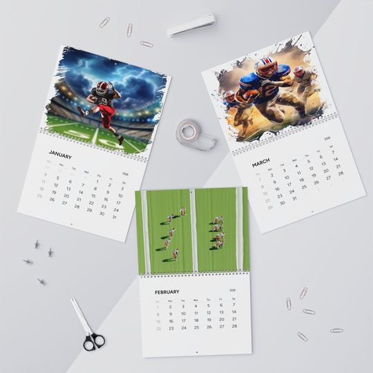 Discover 2026 American Football Calendar, Colorful Sport Illustration Wall Art, Monthly Sports Poster for Football Fans & Teen Room Decor