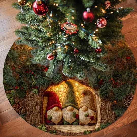 Discover Christmas Gnome Tree Skirt, Quilted Forest Holiday Tree Mat, Cozy Scandinavian Christmas Decor, Gnome Christmas Tree Skirt, Holiday Xmas Rug