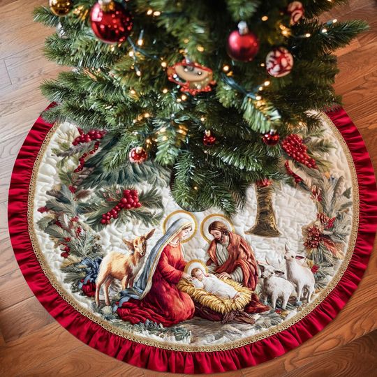 Nativity Scene Christmas Tree Skirt, Religious Holiday Decor, Christian Keepsake Christmas Gift