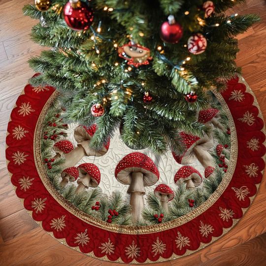 Discover Woodland Mushroom Tree Skirt, Rustic Red Christmas Decor, Forest Holiday Decoration for Home