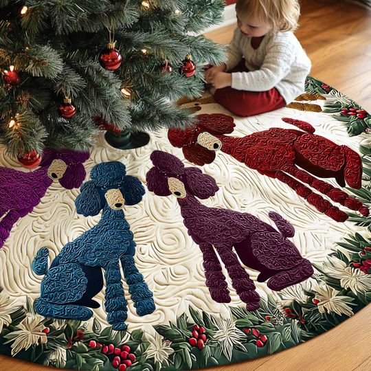 Discover Poodle Dog Christmas Tree Skirt  Printed 3D Quilted Holiday Mat with Colorful Poodles, Festive Tree Decoration for Dog Lovers