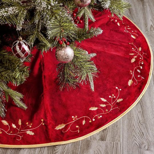 Red Velvet Christmas Tree Skirt with Gold Holly Leaves