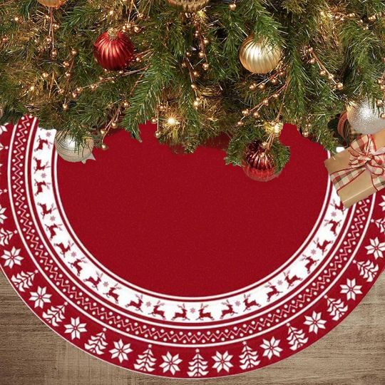 Discover Red Christmas Tree Skirt with Snowflake and Reindeer Pattern