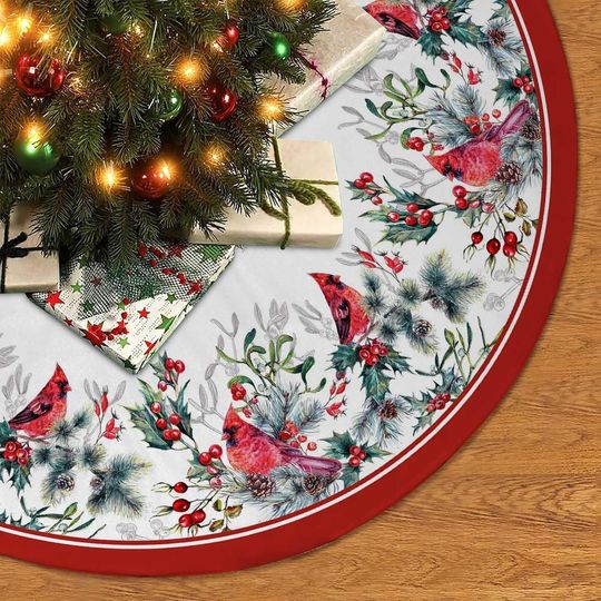 Discover Christmas Tree Skirt with Cardinal Birds, Poinsettia Flowers, Holly Leaves, Holiday Indoor Outdoor Decor