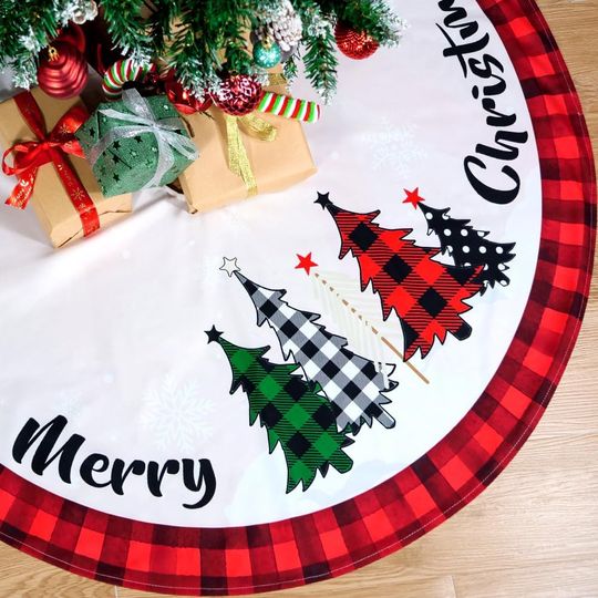 Discover Red Rustic Christmas Tree Skirt with Snowflake and Buffalo Plaid Decorations