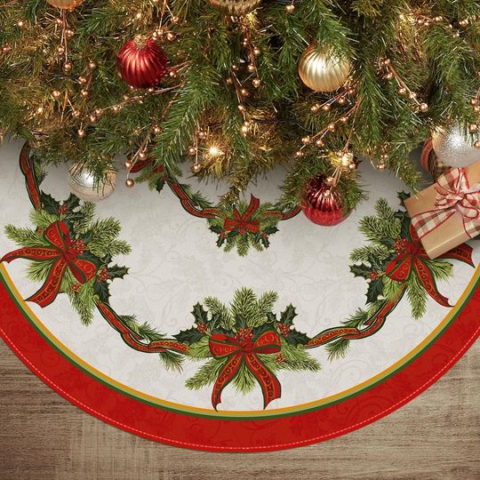 Discover Christmas Tree Skirt with Ribbon Holly Winter Holiday Tree Decoration