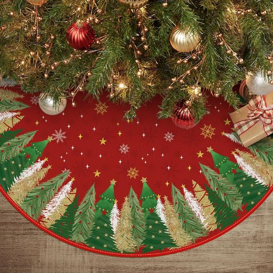 Christmas Star Snowflake Tree Skirt Red Fir Pine Spruce Winter Holiday Decor