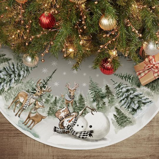 Discover Snowman Reindeer Snowflake Christmas Tree Skirt 48 Inch - Winter Holiday Tree Decoration