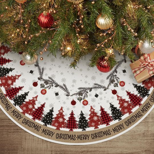 Merry Christmas Tree Skirt with Snowflake Ornaments for Holiday Decor