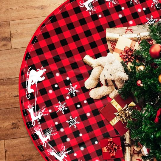 Discover Red and Black Buffalo Plaid Christmas Tree Skirt with Snowflake, Elk, and Santa Claus, Rustic Winter Holiday Decor