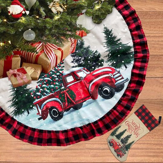 Discover ORTIGIA  Christmas Truck Tree Skirt Red and Black Buffalo Plaid Rustic Holiday Decor