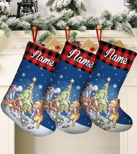 Personalized Pooh Bear & Friends Decorating Christmas Tree Best Xmas Stocking