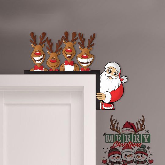 Santa & Reindeer Metal Door Art - Funny Christmas Door Corner Sign - Festive Holiday Door Decor - Christmas Home Decor Gift Idea