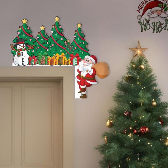 Discover Santa & Snowman with Gift Boxes and Christmas Trees Door Corner Sign - Festive Holiday Door Decor - Christmas Home Door Decor Gift