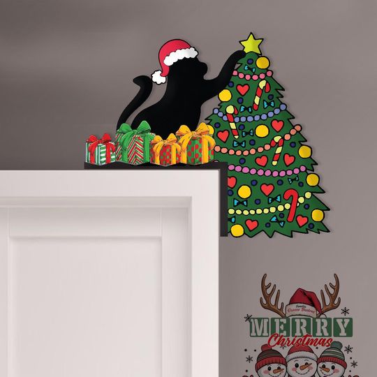 Christmas Cat Door Corner Sign, Funny Cat & Christmas Tree Decor, Holiday Door Frame Decor, Xmas Gift for Cat Lovers, Festive Door Decor