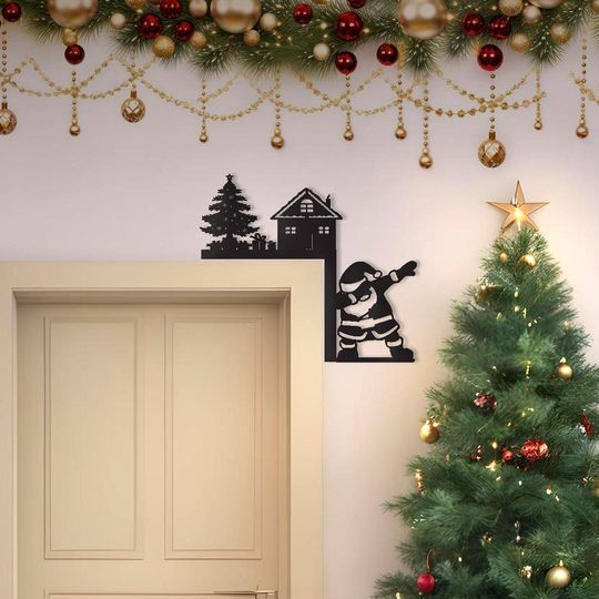 Dabbing Santa Metal Door Corner - Christmas Door Frame Decor - Xmas Tree House Gift Sign - Funny Holiday Wall Art - Unique Christmas Gift