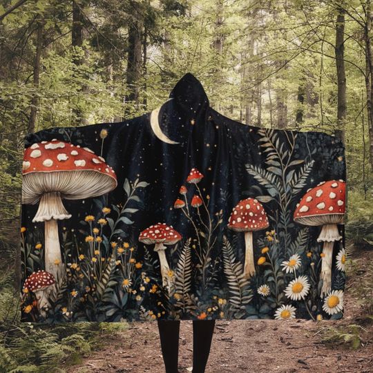 Dark Cottagecore Witchy Hooded Blanket, Mushroom Sherpa Hoodie, Oversized Fleece Blanket Hoodie