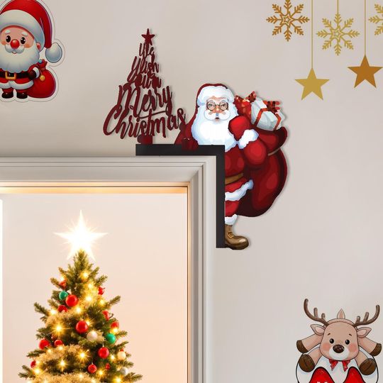Santa Metal Door Corner - We Wish You a Merry Christmas Sign - Holiday Door Frame Dcor - Christmas Metal Art - Festive Wall Corner Decor