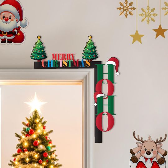 Discover Christmas Metal Door Corner Decor - Merry Christmas Ho Ho Ho Sign with Santa Hat & Tree - Holiday Door Frame - Festive Metal Wall Art Gift