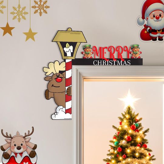 Christmas Metal Door Corner Decor  Reindeer & Gingerbread Merry Christmas Sign - Holiday Door Decor - Cute Festive Metal Wall Art