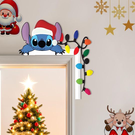 Cute Stitch Christmas Door Corner Decor, Holiday Metal Sign with Lights, Christmas Wall Art, Festive Door Frame Decor, Xmas Home Gift