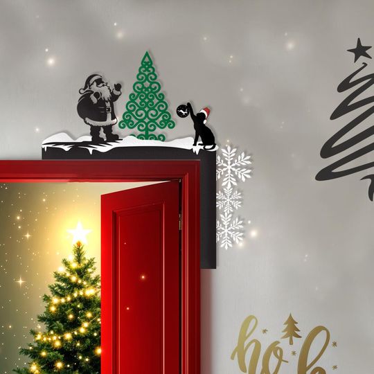 Discover Santa and Cat Christmas Door Corner Decor, Holiday Door Sign with Tree, Festive Snowflake Door Corner Art, Winter Home Wall Decor, Xmas Gift