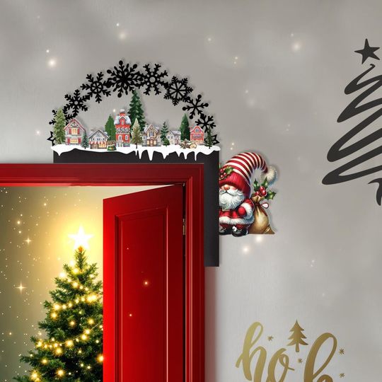 Christmas Snowflake Metal Door Corner Decor, Winter Village Door Corner, Christmas Gnome Door Corner Sign, Holiday Metal Wall Art