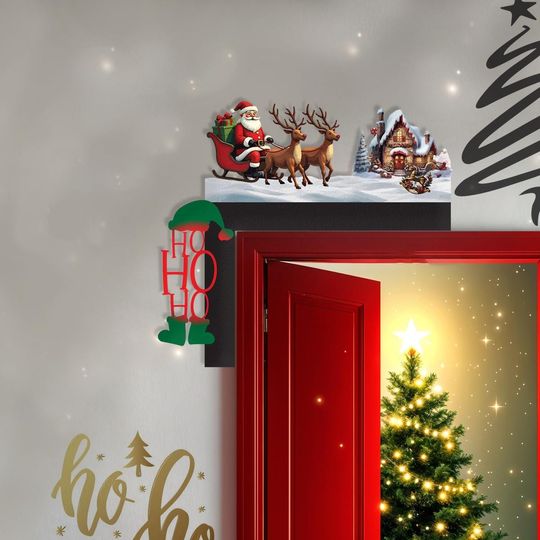 Santa Sleigh Metal Door Corner Decor, Ho Ho Ho Elf Door Frame Sign, Christmas Reindeer Door Corner Art, Holiday Metal Door Accent