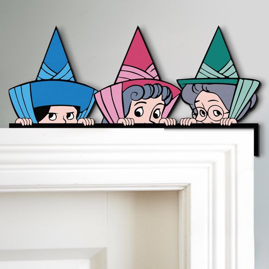 Cute Peekaboo Three Fairies Door Corner Sign, Disney Peeking Peeker Flora Fauna Merryweather Door Sign, Disney Sleeping Beauty Wall Decor