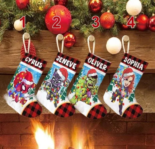 Discover Personalized Superhero Team Squad Santa Hat Christmas Lights Merry Xmas Stocking