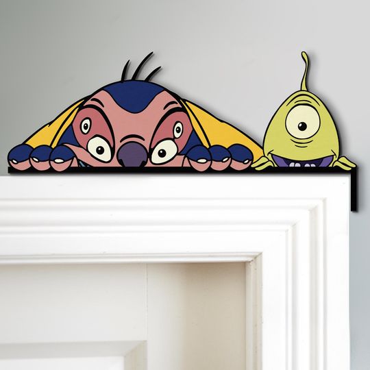 Cute Peekaboo Jumba & Pleakley Door Corner Sign, Disney Lilo And Stitch Door Sign Decor, Disney Home Decor, Kid Room Decoration