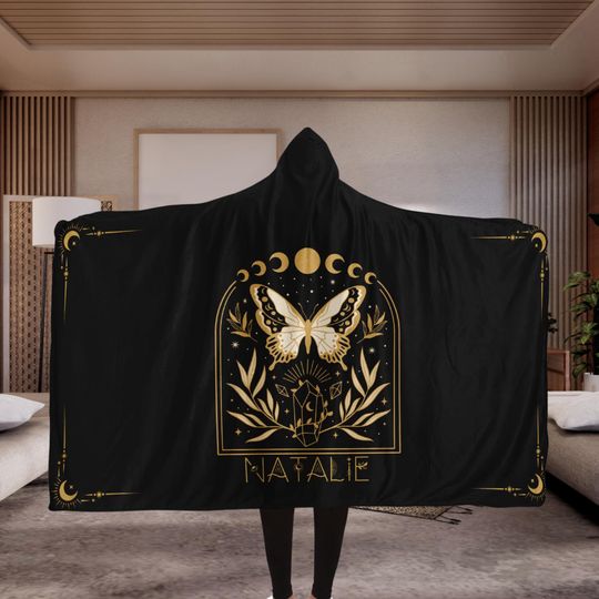 Witchy Whimsigoth Hooded Blanket, Cottagecore Moth Sherpa Hoodie, Personalized Fleece Blanket for Women