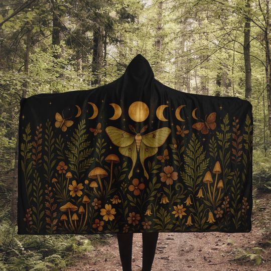 Dark Cottagecore Luna Moth Hooded Blanket, Whimsigoth Goblincore Moon Phase Wearable Blanket, Witchy Forest Poncho