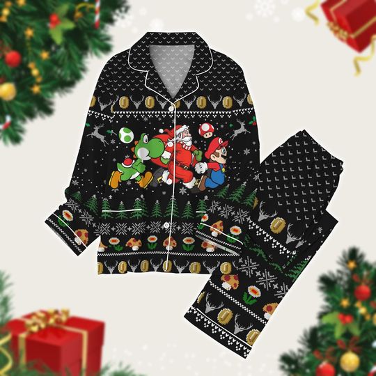 Super Mario Christmas Pajamas Set for Adults, Mario and Yoshi Santa Holiday Matching Sleepwear