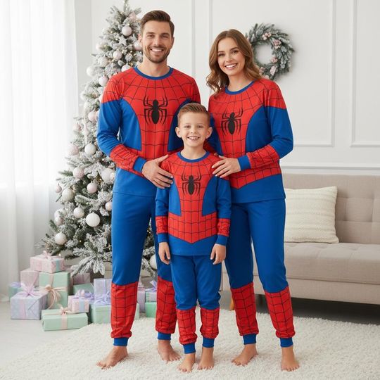 Spider-Man Cosplay Pajama Set, Long Sleeve Matching PJs for Adults, Family Holiday Sleepwear, Christmas PJs Gift
