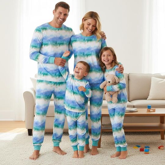 Blue Tie Dye Pajamas Set for Adults, Cozy Matching Family Sleepwear, Soft Long Sleeve Lounge Set, Holiday Gift Pajamas