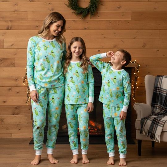 Pickle Christmas Family Pajamas Set, Funny Pickle PJs, Holiday Matching Sleepwear for Adults, Long Sleeve Veggie Xmas PJs