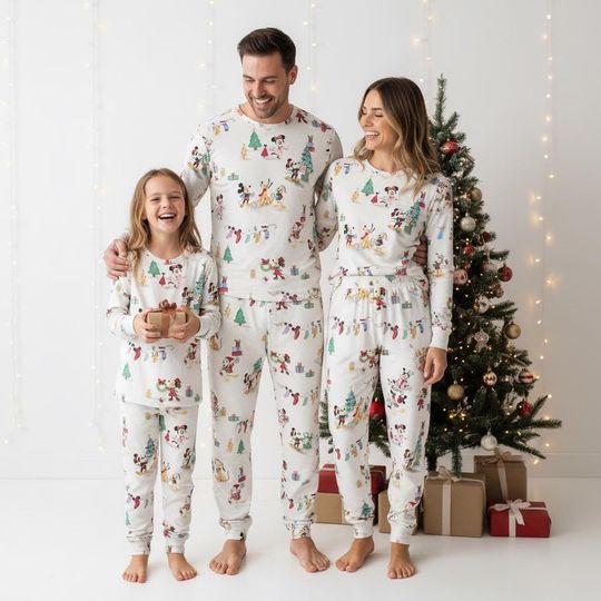 Discover Mickey and Friends Long Sleeve Pajama Set, Disney Holiday Sleepwear for Adults, Festive Matching PJs