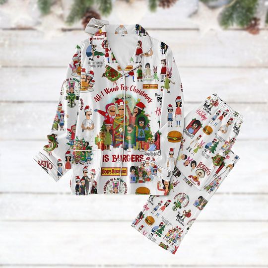 All I Want For Christmas Is Burgers Pajama Set, Bobs Burgers Family Xmas Loungewear, Funny Cartoon Holiday Sleepwear