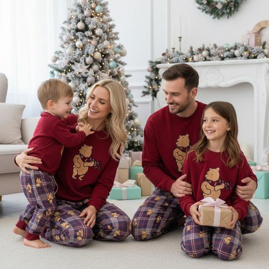 Discover Winnie the Pooh Long Sleeve Pajamas Set, Cartoon Christmas Pajamas Family, Cozy Christmas Matching Pajamas, Holiday Gift